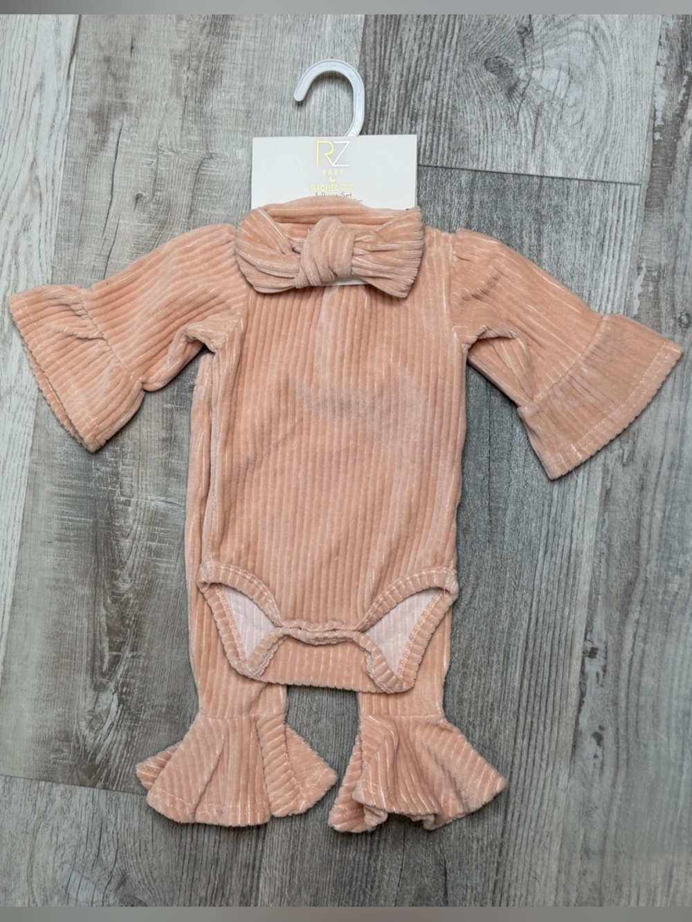 RZ Baby Pink Ribbed Velour Three Piece Set Romper Headband Pant size 3-6 months